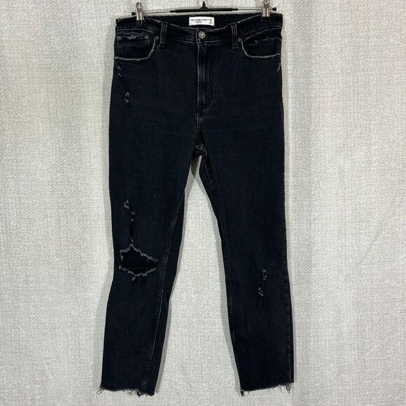 Abercrombie & Fitch Jeans Womens 8 Measures 32x27 Black Distressed Skinny - Picture 1 of 9